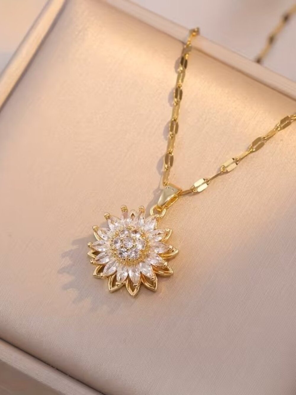Gold Sunflower Pendant Necklace Rotating Charm Dainty Floral Jewelry Gift